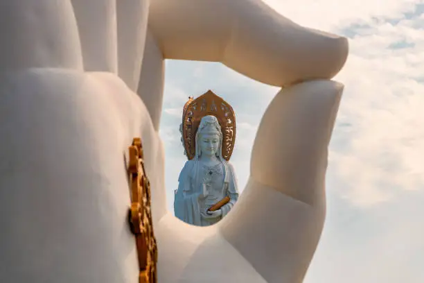 White GuanYin statue in Nanshan Buddhist Cultural Park, Sanya, Hainan Island, China.