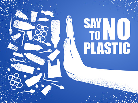 Say no to plastic. Problem plastic pollution. Ecological poster. Banner composed of white plastic waste bag, bottle and hand on blue background