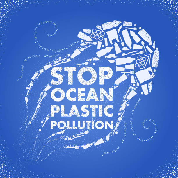 illustrations, cliparts, dessins animés et icônes de arrêtez la pollution plastique de l'océan. affiche écologique méduse composée de sac poubelle en plastique blanc, bouteille sur fond bleu. problème de plastique - jellyfish sea green underwater