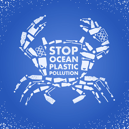 Stop ocean plastic pollution. Ecological poster Crab composed of white plastic waste bag, bottle on blue background. Plastic problem