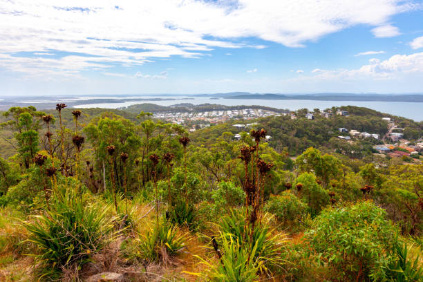 belles vues côtières de port stephens depuis le gan gan lookout. nelson bay, nouvelle-galles du sud, australie - port stephens new south wales australia coastline photos et images de collection