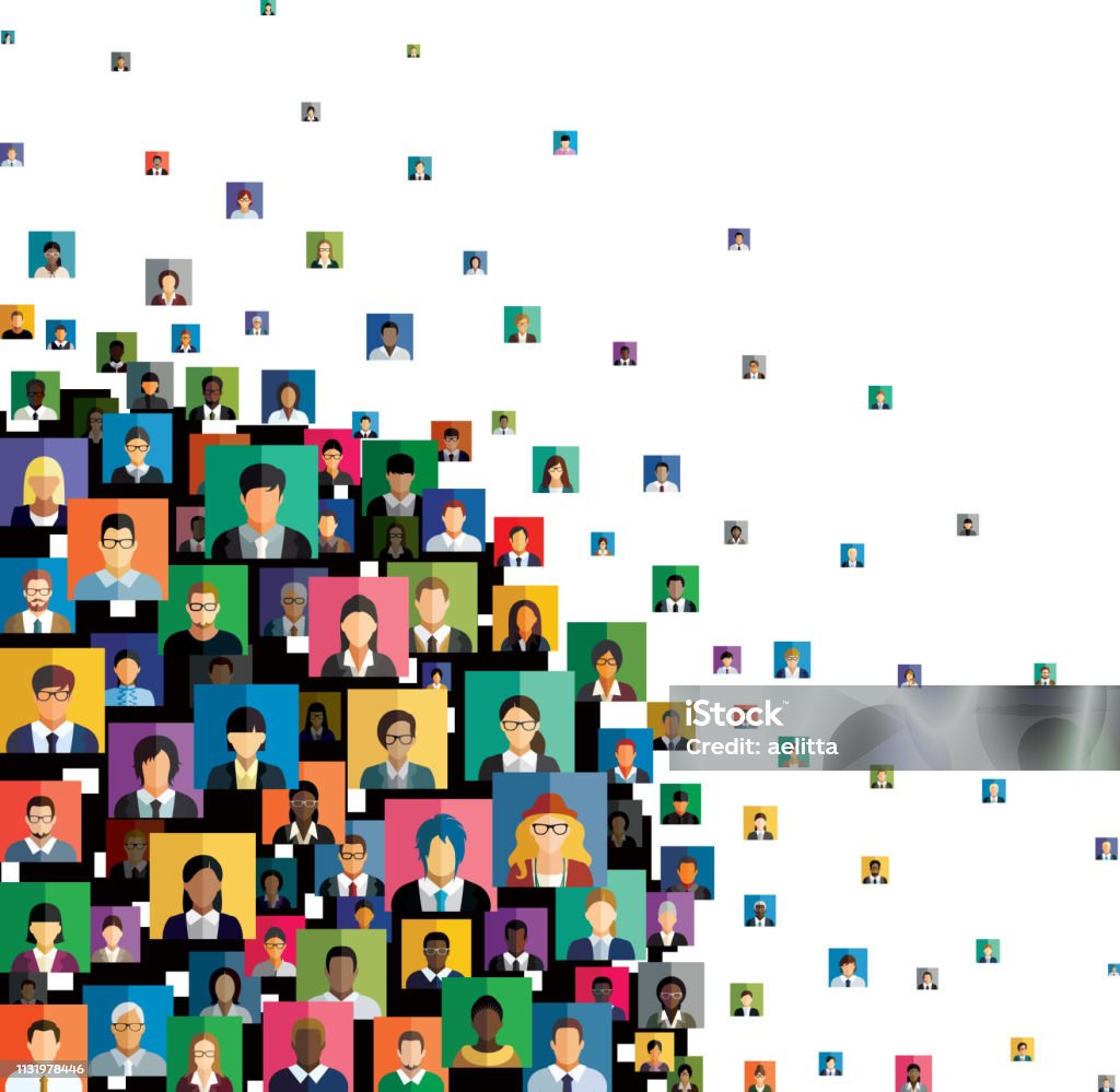 Vector illustration of an abstract scheme, which contains people icons. Social network scheme, which contains multicolored flat people icons. Multiracial Group stock vector