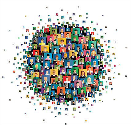 Social network scheme, which contains multicolored flat people icons.