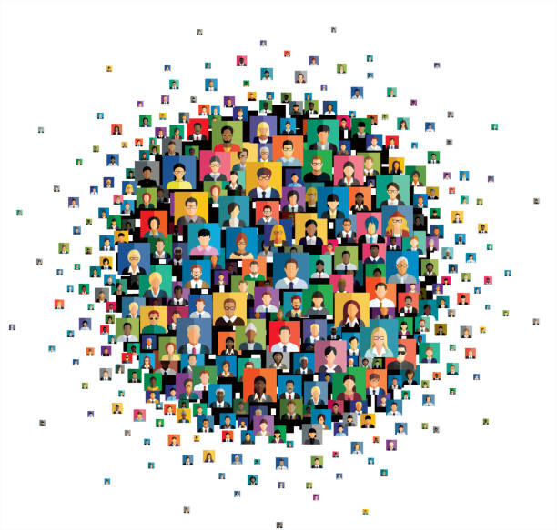 Vector illustration of an abstract scheme, which contains people icons. Social network scheme, which contains multicolored flat people icons. round head stock illustrations