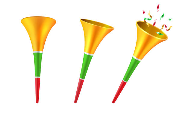 Set of isolated 3d party horns or soccer trumpet Set of isolated 3d party horns or cartoon soccer trumpet with confetti. Football fan blower or cone toy for children, kids. Stadium megaphone or klaxon instrument,noisemaker.Celebration, musical theme whistling stock illustrations