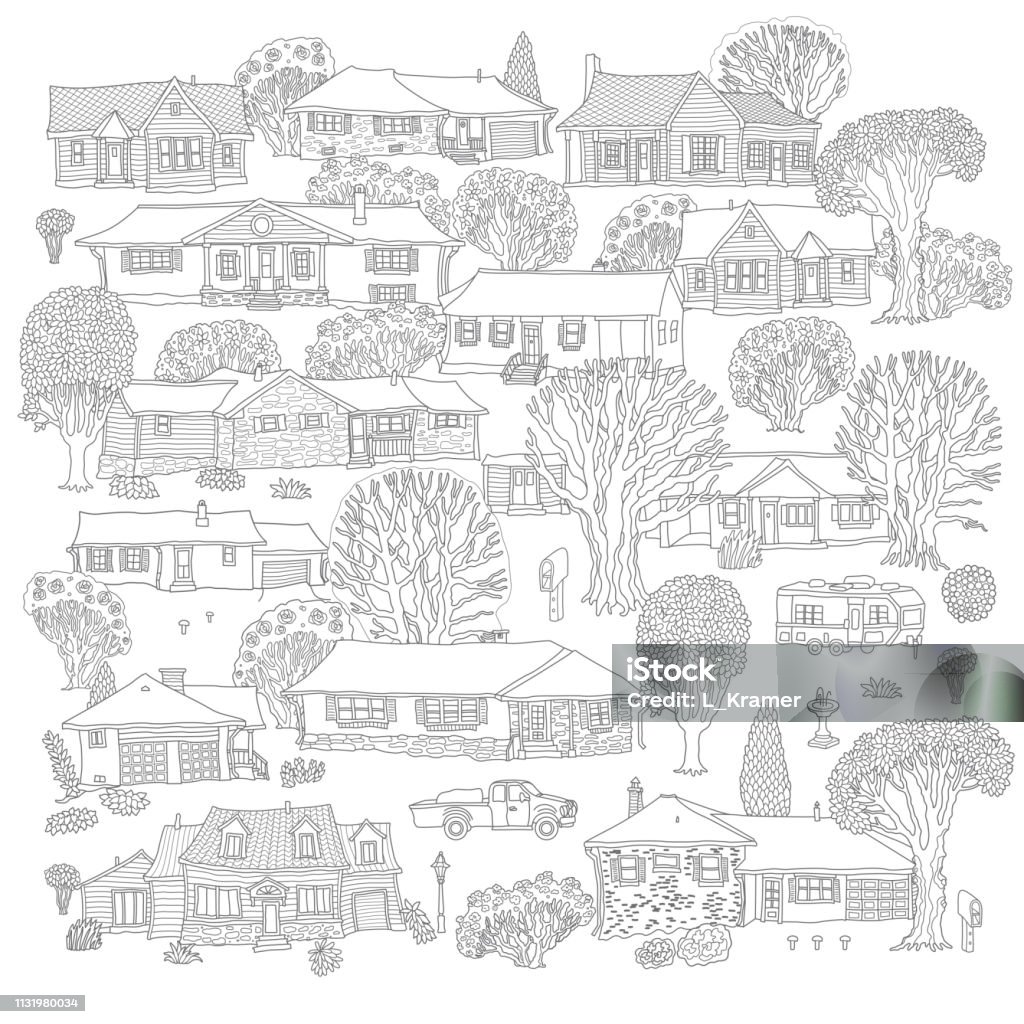 Vector set of small town houses isolated on a white background. Fantasy urban landscape, Fairy tale home buildings. Hand drawn doodle sketch. T-shirt print. Coloring book page for adults, children. Black and white print Coloring Book Page - Illlustration Technique stock vector