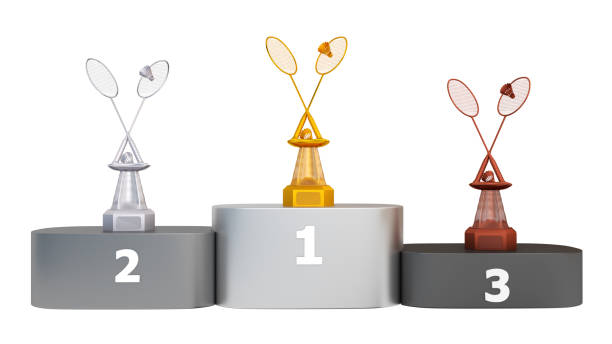 istock Front View of a Podium with Badminton with Shuttlecocks Trophies 1131981843