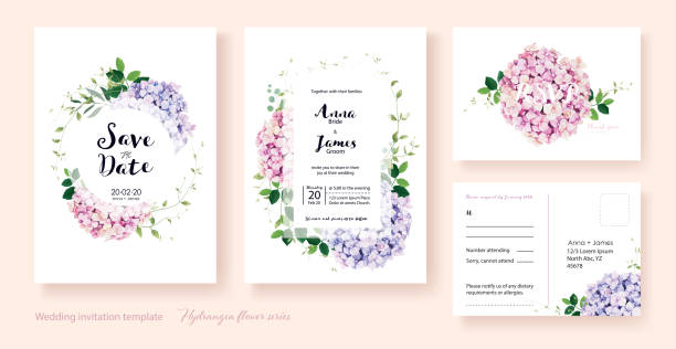 illustrazioni stock, clip art, cartoni animati e icone di tendenza di invito al matrimonio, salva la data, grazie, rsvp card modello di progettazione. vettore. fiori di ortensia, piante di edera. stile acquerello. - ortensia