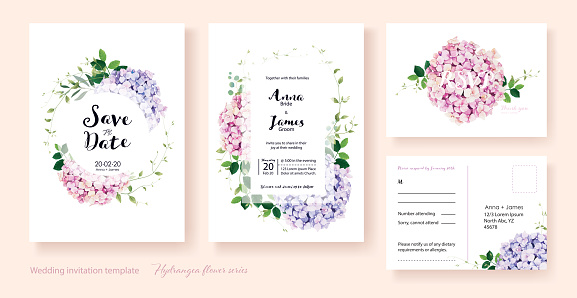 Wedding Invitation, save the date, thank you, rsvp card Design template. Vector. hydrangea flowers, Ivy plants.