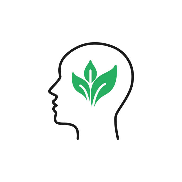 ilustrações de stock, clip art, desenhos animados e ícones de black isolated outline icon of head of man and green leaf on white background. line icon of head of man. eco think. think green. flat design. - contemplation silhouette tree men