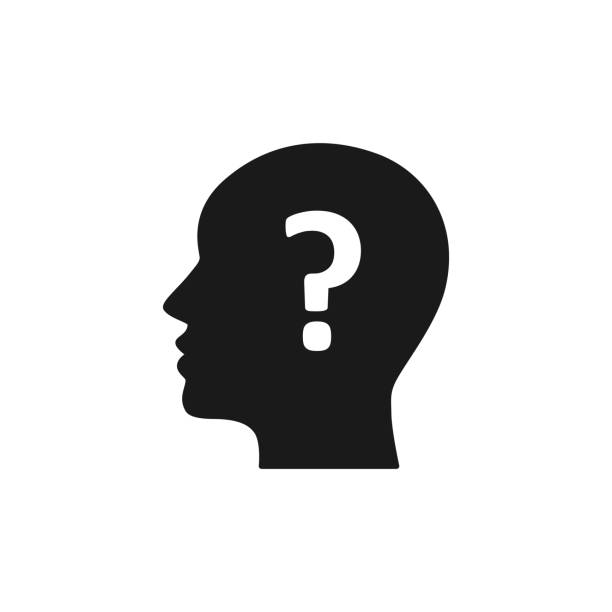 Black isolated icon of head of man and question mark on white background. Silhouette of head of man and question mark. Symbol of idea, doubt. Flat design. Black isolated icon of head of man and question mark on white background. Silhouette of head of man and question mark. Symbol of idea, doubt. Flat design question mark people one person silhouette stock illustrations
