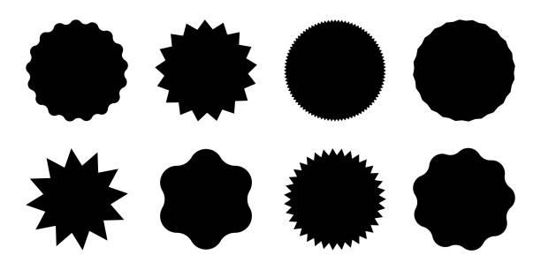 illustrations, cliparts, dessins animés et icônes de noir rond vente tags avec des pointes. icônes de soleil simples ensemble. - sharp