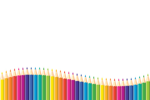 Seamless horizontal pattern Colored pencils arranged in a wave with copy space for note, text, on white background. Rainbow colors. Bright print