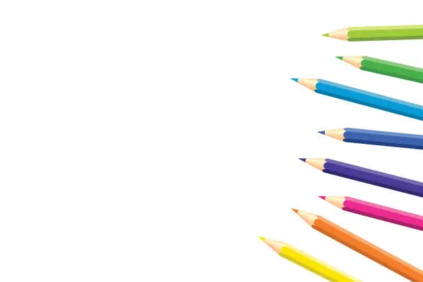 Vector illustration of Colored pencils located on the edge of page with copy space for note, text, on white background. Rainbow colors. Bright print. Page for notebook.