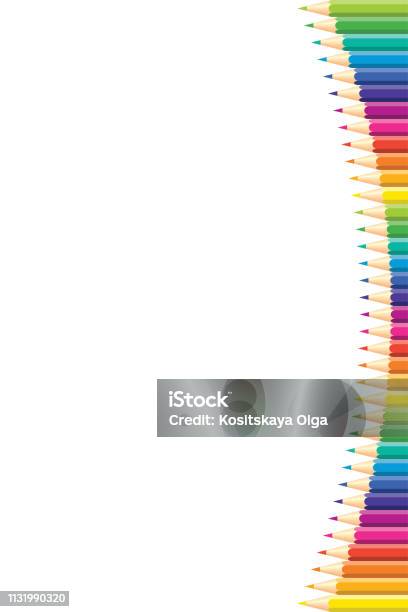 Vertical Pattern Colored Pencils With Copy Space For Note Text On White Background Rainbow Colors Bright Print Page For Notebook Stock Illustration - Download Image Now