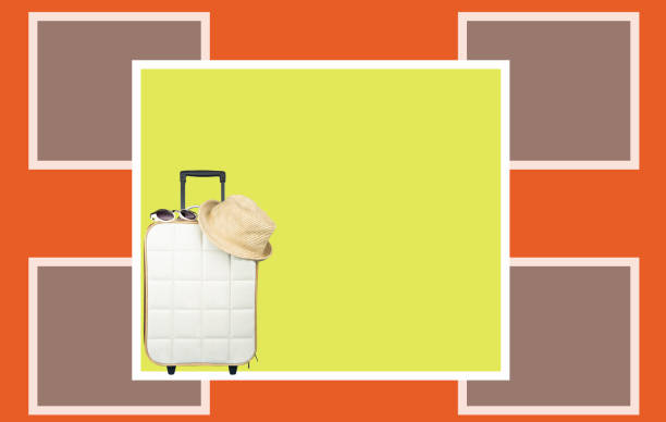Travel bag with accessories on color background