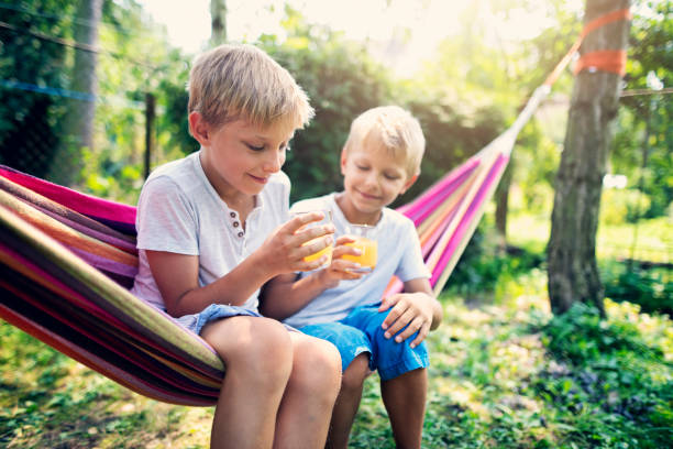 istock Brothers sitting on hammock and drinking juice. 1131990532