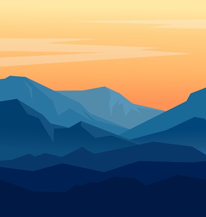 Vector landscape with blue silhouettes of mountains and orange evening sky. Huge geometric mountain range silhouettes in twilight. Vector illustration.