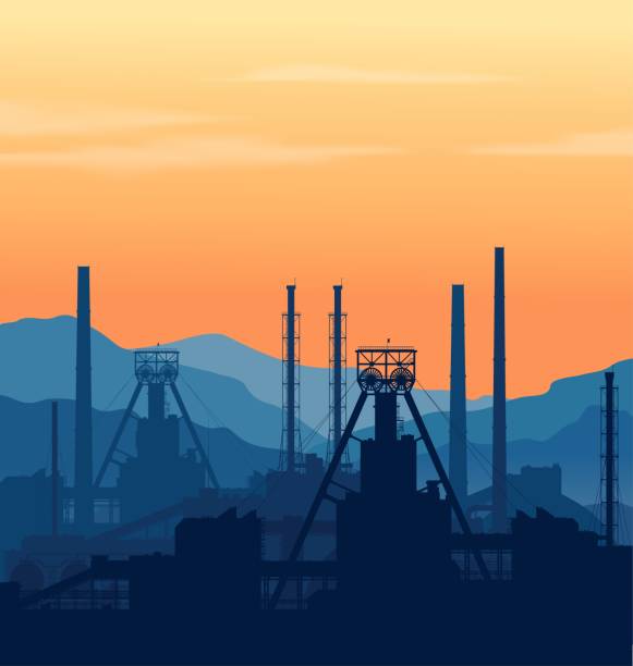 Mineral fertilizers plant over great mountains. Mineral fertilizers plant over blue great mountain range at sunset. Detail vector illustration of large chemical manufacturing plant. ammonia fertilizer stock illustrations