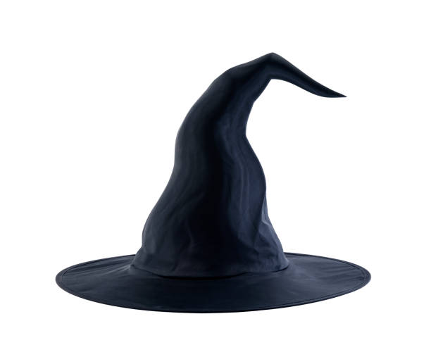 Black halloween witch hat isolated on white background stock photo