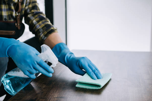 istock Husband housekeeping and cleaning concept, Happy young man wiping dust using a spray and a duster while cleaning on table at home 1131993262