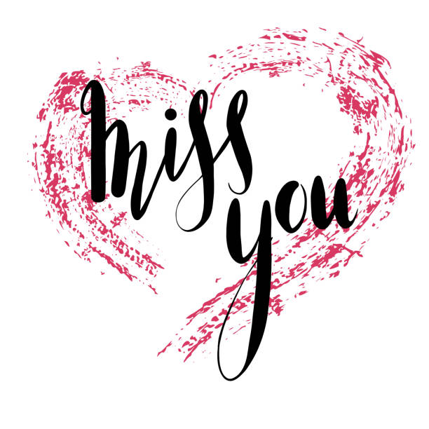 istock Miss you hand drawn lettering with pink grunge heart. Brush calligraphy. 1131994108