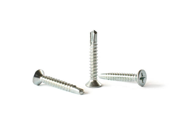istock Closeup Self Drilling screws with a drill isolated on white. Isolated fasteners. Connecting material on white background 1131996131