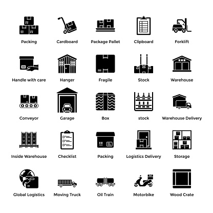 Here you can see warehouse solid icons pack containing elements related to good storage, storeroom and so on. Beautifully designed elements can be used in related field by little modification.