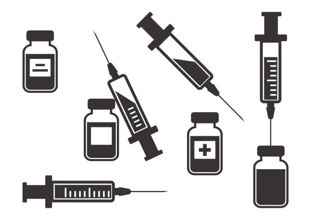 ilustraciones, imágenes clip art, dibujos animados e iconos de stock de conjunto negro de jeringas para inyección con vacuna. ilustración vectorial - vial