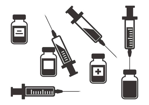 illustrations, cliparts, dessins animés et icônes de ensemble noir de seringues pour injection avec vaccin. illustration vectorielle - vial