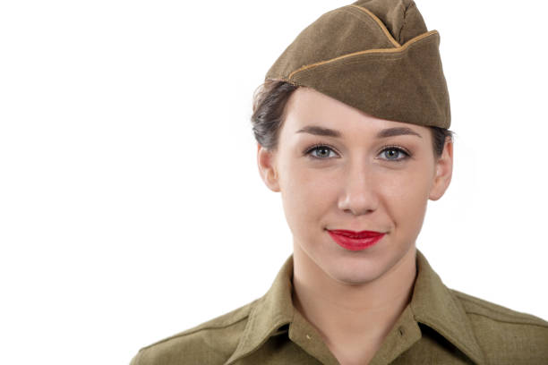 istock pretty young woman in wwii uniform us with garrison cap on white background 1131997427