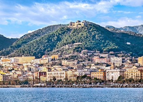 View of Salerno, Italy with Arechi Castle.
