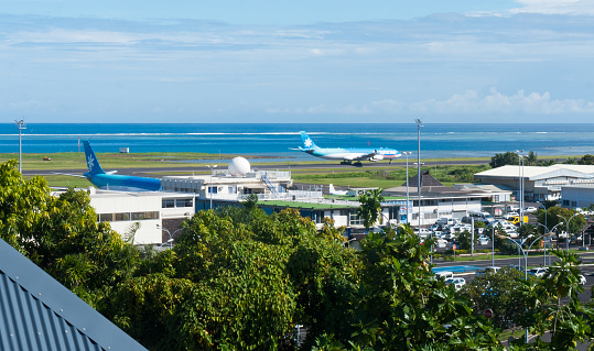 Tahiti, French Polynesia - January 10, 2016: An elevated view of Faaa International Airport in the South Pacific.
