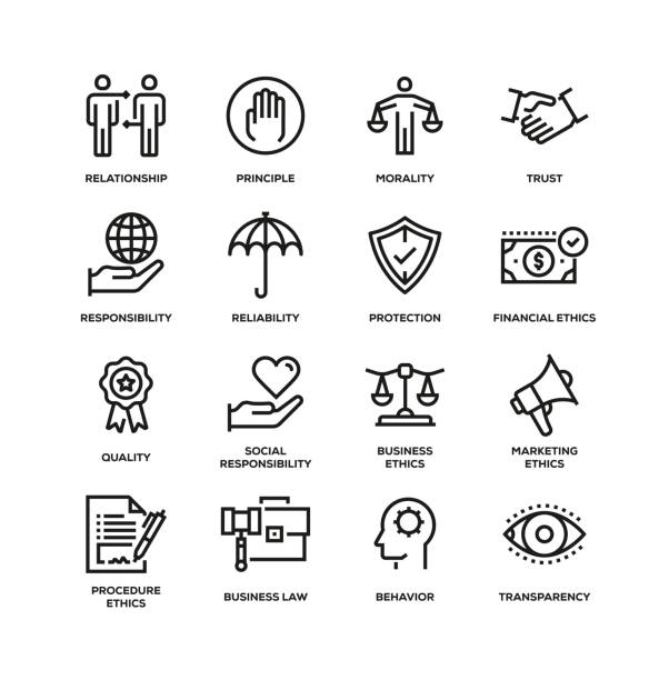illustrations, cliparts, dessins animés et icônes de ensemble d'icônes de ligne d'éthique d'affaires - rse