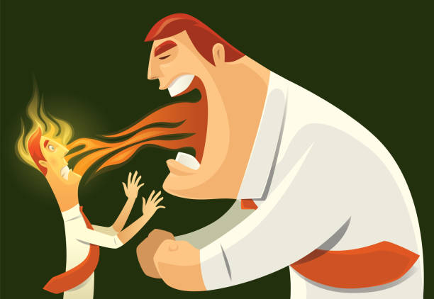 ilustraciones, imágenes clip art, dibujos animados e iconos de stock de hombre de negocios enojado respiración fuego - manager rudeness bossy using voice