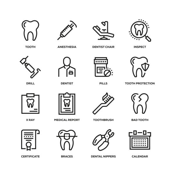 dental line icon set - human teeth dental hygiene dentist office human mouth stock-grafiken, -clipart, -cartoons und -symbole