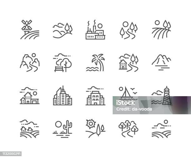 Icone Del Paesaggio Delle Linee - Immagini vettoriali stock e altre immagini di Icona - Icona, Città, Scena rurale