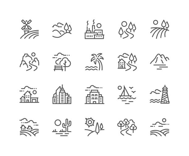 Line Landscape Icons Simple Set of Landscape Related Vector Line Icons. 
Contains such Icons as Farm, Megapolis, Desert and more.
Editable Stroke. 48x48 Pixel Perfect. village stock illustrations
