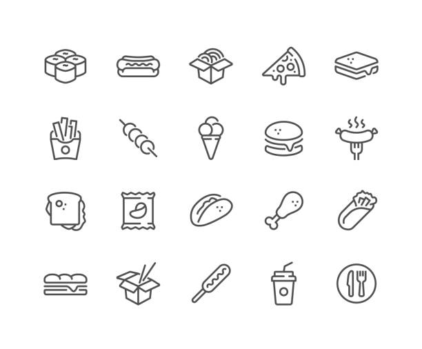 ilustraciones, imágenes clip art, dibujos animados e iconos de stock de iconos de comida rápida de línea - sandwich food lunch chicken