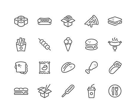 Simple Set of Fast Food Related Vector Line Icons. 
Contains such Icons as Pizza, Tacos, Chips and more.
Editable Stroke. 48x48 Pixel Perfect.