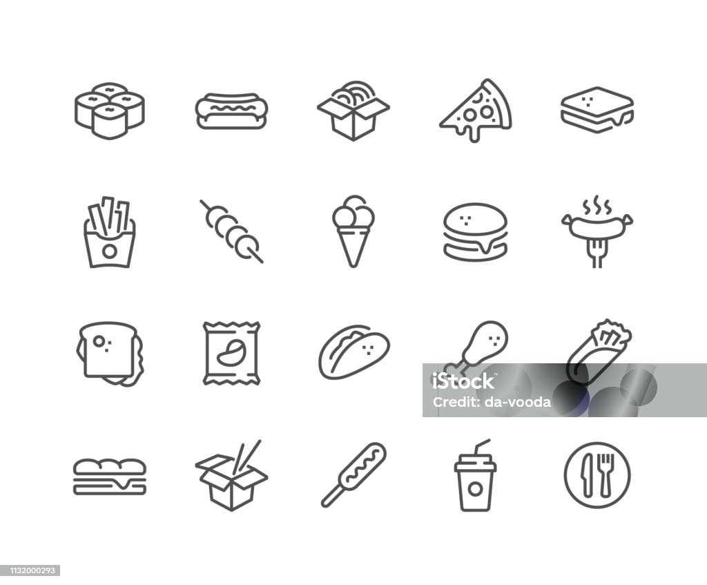 Line Fast Food Icons Simple Set of Fast Food Related Vector Line Icons. 
Contains such Icons as Pizza, Tacos, Chips and more.
Editable Stroke. 48x48 Pixel Perfect. Icon Symbol stock vector