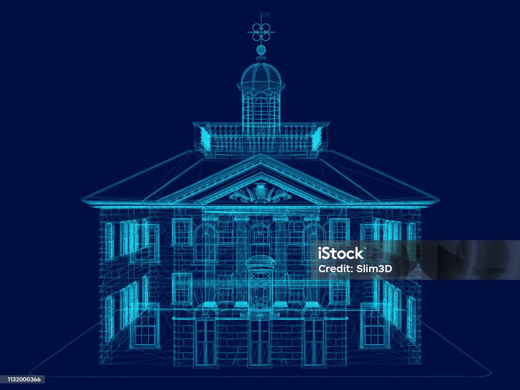 Building wireframe blue wireframe of the building front view. 3D. vector illustration Bank - Financial Building stock vector
