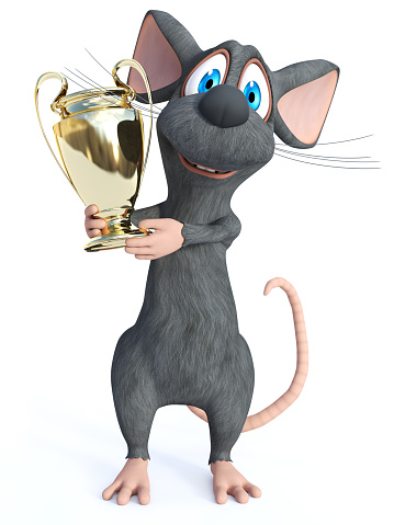 3D rendering of a cute smiling cartoon mouse holding golden prize trophy award and looking like a champion beacause he won first prize. White background.