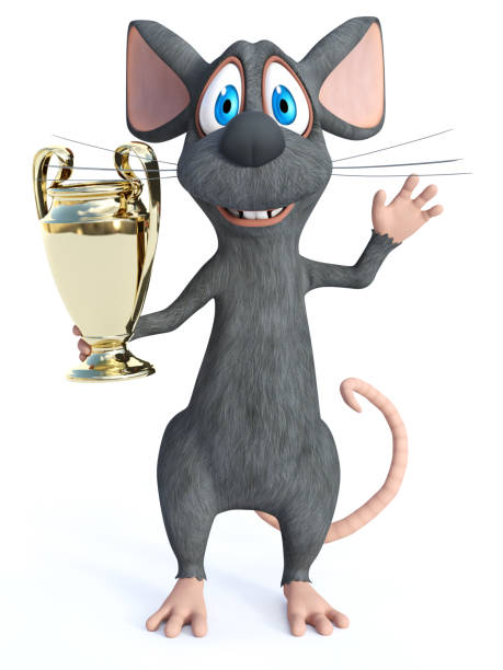 istock 3D rendering of a cartoon mouse holding trophy award. 1132000516