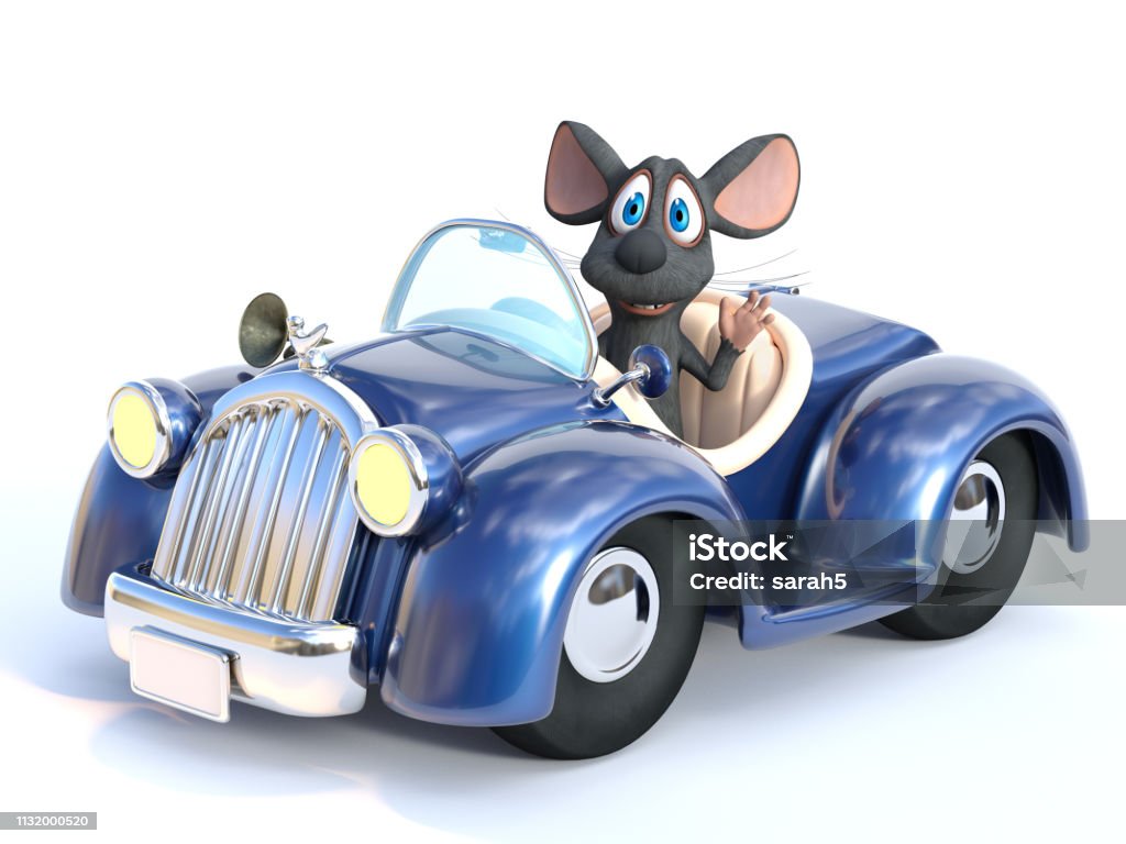 3D rendering of a cartoon mouse driving a car. 3D rendering of a cute smiling cartoon mouse waving his hand while sitting in a cabriolet car that he is driving. White background. Cartoon Stock Photo