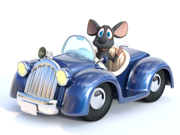 3D rendering of a cute smiling cartoon mouse waving his hand while sitting in a cabriolet car that he is driving. White background.