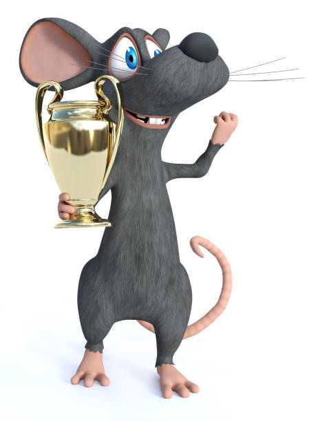 istock 3D rendering of a cartoon mouse holding trophy award. 1132000522