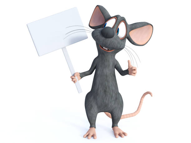 istock 3D rendering of a cartoon mouse holding blank sign. 1132000532
