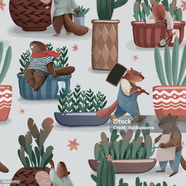 Seamless Pattern About Houseplant And Gardener Little Cartoon Beavers Take Care About Green Plants In Pots Stock Illustration - Download Image Now