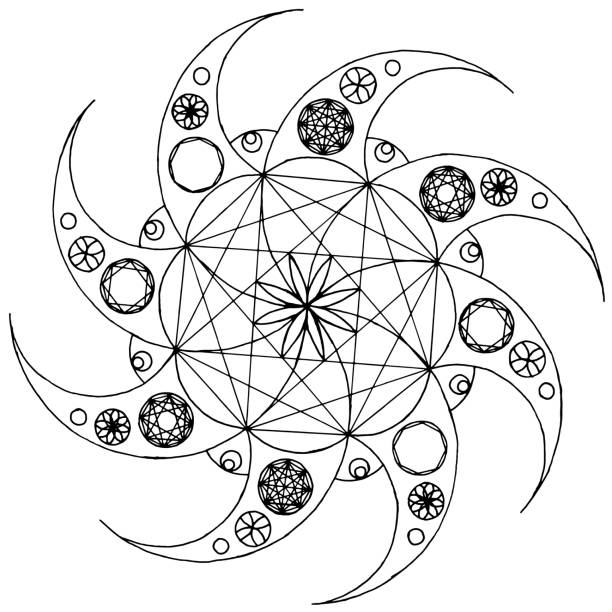 Sacred Geometry Symbol A hand drawn black and white symbol filled with sacred geometry elements. Suitable as a coloring page for an adult coloring book. Vector comes with transparent backing. drawing of the shuriken stock illustrations